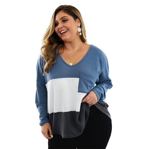 Blue Colorblock V Neck Plus Size Knit Sweater TQK270022-5