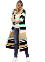 Color Block Striped Open Front Long Cardigan