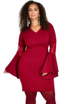 Purplish Red Lace Bell Sleeve Sheath Plus Size Dress