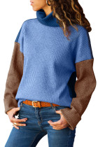 Blue Brown Color Patchwork Ribbed High Neck Sweater