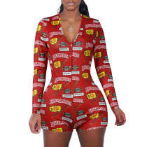 Red Printed Long Sleeve Bodycon Romper TQK550193-3