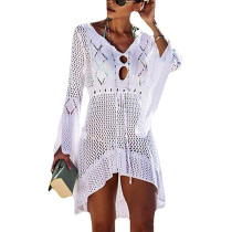 White V Neck Crochet Bell Sleeve Beach Dress