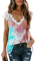 Multicolor Lace Splicing V Neck Short Sleeve Tie-dye Top LC2521103-22