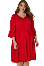 Red Flute Sleeves Plus Size Jersey Dress