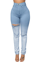 Light Blue Ombre Bleach Wash Ripped Jeans