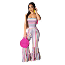 Pink Rainbow Stripes Bell-bottomed Strapless Jumpsuit
