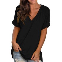 Black V Neck Loose Casual T-shirt  TQK210067-2