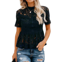 Navy Blue Hollow Out Lace T Shirt TQS210085-34