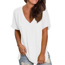 White V Neck Loose Casual T-shirt  TQK210067-1