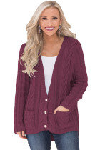 Burgundy Button the Deep V Front Cable Sweater Cardigan
