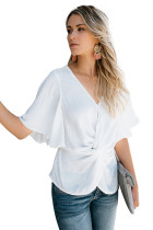 White V-Neck Bell Sleeve Twist Pleated Blouse