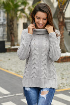 Gray Turtle Neck Long Tail Cable Sweater