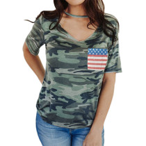 American Flag V Neck Green Camo Shirt GJZ0023-9