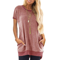 Pink Short Sleeve Pullover Tops With Pocket TQK210264-10