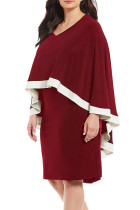 Burgundy Contrast Trim Capelet Plus Size Poncho Dress