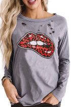 Distressed Leopard Lips Print Long Sleeve Top LC2521433-11