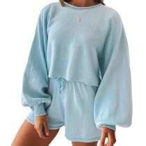 Light Blue Long Sleeve Sweater and Shorts Set TQK710119-30