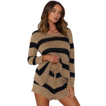 Brown Striped Sweater with Shorts Set TQK710121-17