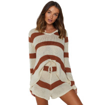 Coffee Striped Sweater with Shorts Set TQK710121-15