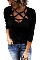 Black Hollow Out Neck Long Sleeve Top LC2511450-2