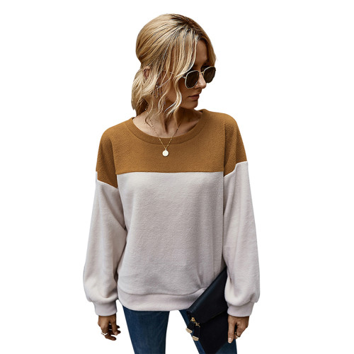 Brown Colorblock Polar Fleece Pullover Sweatshirt TQK230145-17