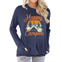 Navy Blue Happy Camper Print Pocketed Sweatshirt TQK230172-34