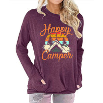 Purple Red Happy Camper Print Pocketed Sweatshirt TQK230172-32