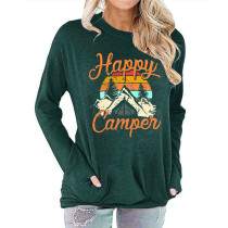 Dark Green Happy Camper Print Pocketed Sweatshirt TQK230172-36