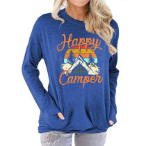 Blue Happy Camper Print Pocketed Sweatshirt TQK230172-5