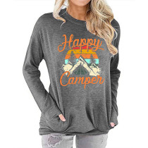 Gray Happy Camper Print Pocketed Sweatshirt TQK230172-11