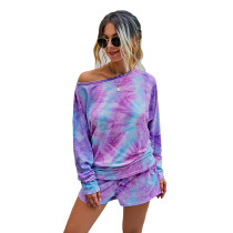 Purple Ombre Tie-dye Print Long Sleeve Shorts Set TQK710135-8