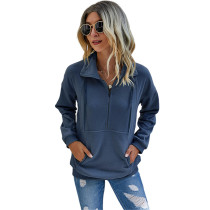 Navy Blue 1/2 Zipper Up Pullover Sweatshirt TQK230215-34