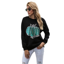 Cotton Blend Pumpkin Print Sweatshirt in Black TQK230173-2B