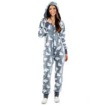 Gray Snowman Print Zipper Up Hooded Loungewear Jumpsuit TQK550208-11