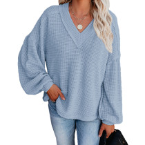 Light Blue Waffle Knitted Puff Sleeve Sweater TQK271176-30