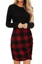 Red Plaid Splicing Ruched Black Long Sleeve Mini Dress LC222633-3