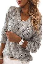 Gray Feather Hollowed-out V-neck Long Sleeve Knitted Sweater LC2721015-11