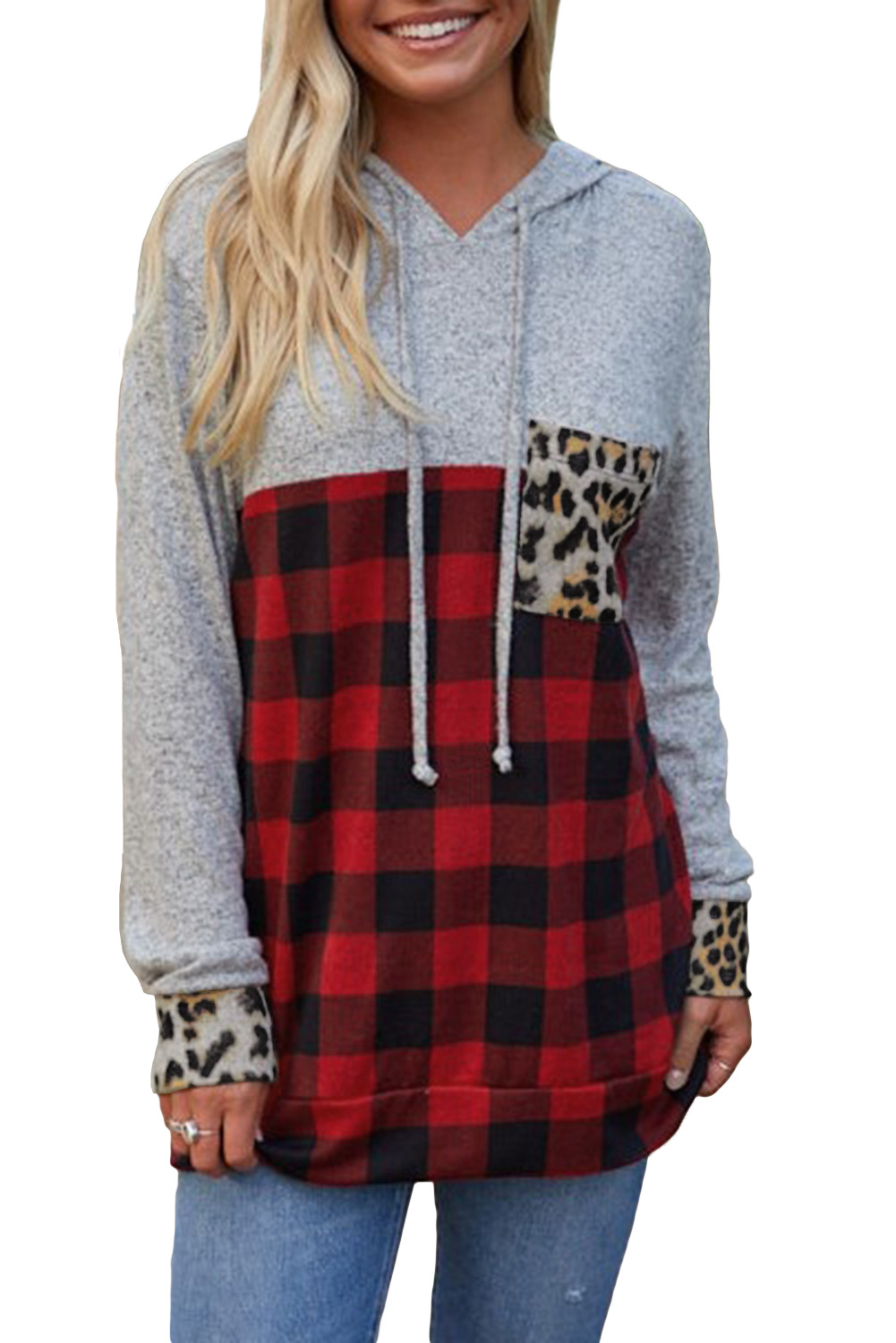 leopard buffalo plaid long sleeve blouse