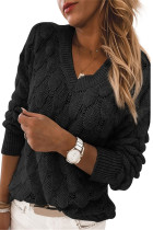 Black Feather Hollowed-out V-neck Long Sleeve Knitted Sweater LC2721015-2