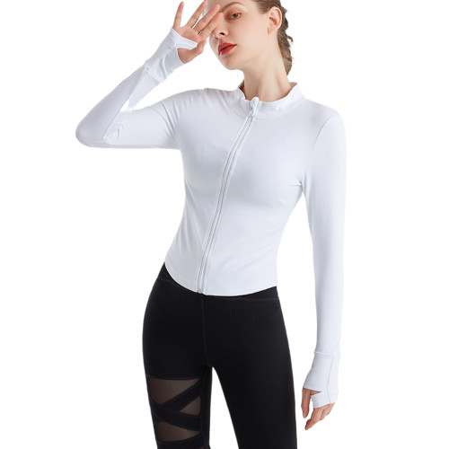 White Zipper Long Sleeve Tight Sport Jacket TQE38043-1