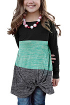 Green Little Girls Twisted Knot Color Block Long Sleeve Top TZ25143-9