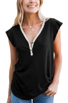 Black V Neck Buttoned Lace Trim Short Sleeve Tee LC2522161-2