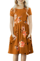 Orange Short Sleeve Pocketed Children's Floral Dress TZ61103-14