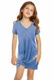 Blue Little Girls' V Neck T-shirt Mini Dress with Twist Hem TZ61107-5