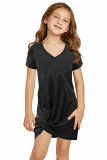 Black Little Girls' V Neck T-shirt Mini Dress with Twist Hem TZ61107-2