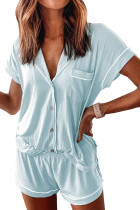 Sky Blue Buttoned Short Sleeve Shirt and Shorts Pajamas Set LC451696-4