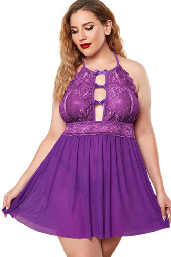 Purple Halter Neck Lace Mesh Backless Plus Size Babydoll LC31354-8