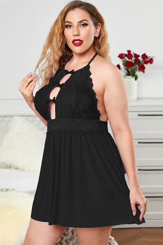 Black Halter Neck Lace Mesh Backless Plus Size Babydoll LC31354-2