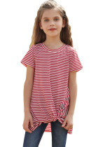 Red Short Sleeve Front Twist Striped Girl's Top TZ25148-3