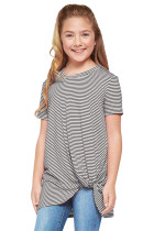 Black Short Sleeve Front Twist Striped Girl's Top TZ25148-2